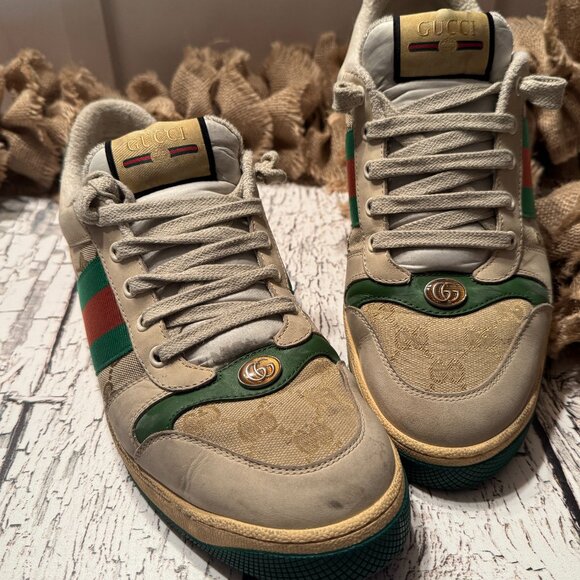 Men's Gucci Sneakers Vintage Style Green Cream Monogram - Picture 1 of 8